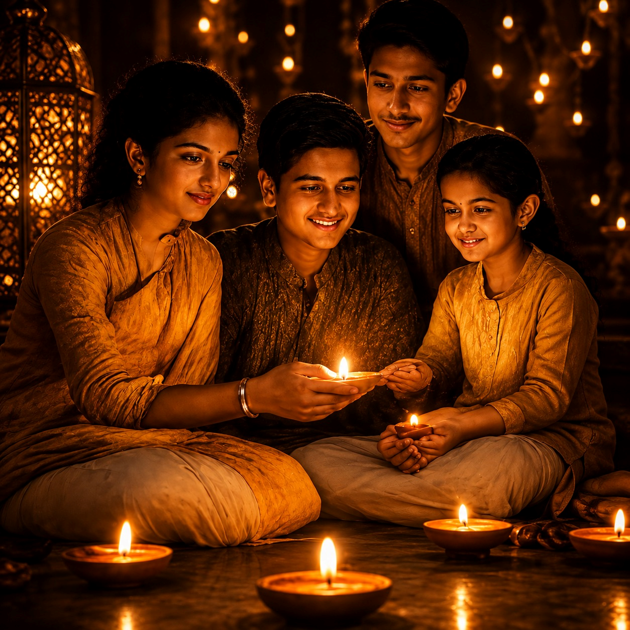 Family lighting sparklers together at home