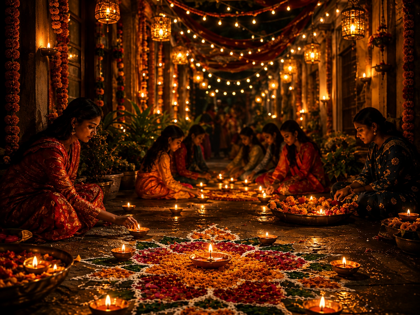 Neighbours lighting diyas and flower rangoli together