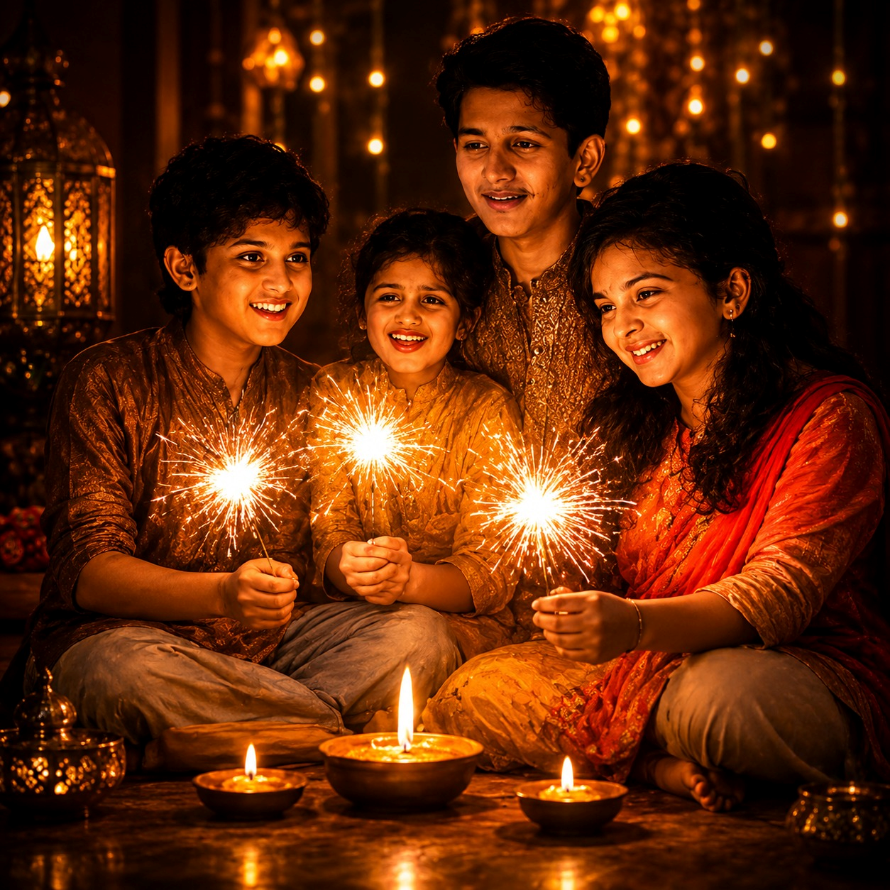 Children holding bright sparklers and laughing