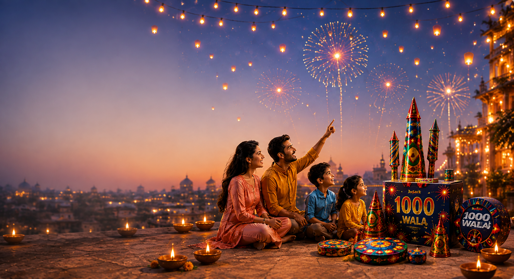 Family lighting 1000 Wala crackers and rockets as fireworks light up the sky