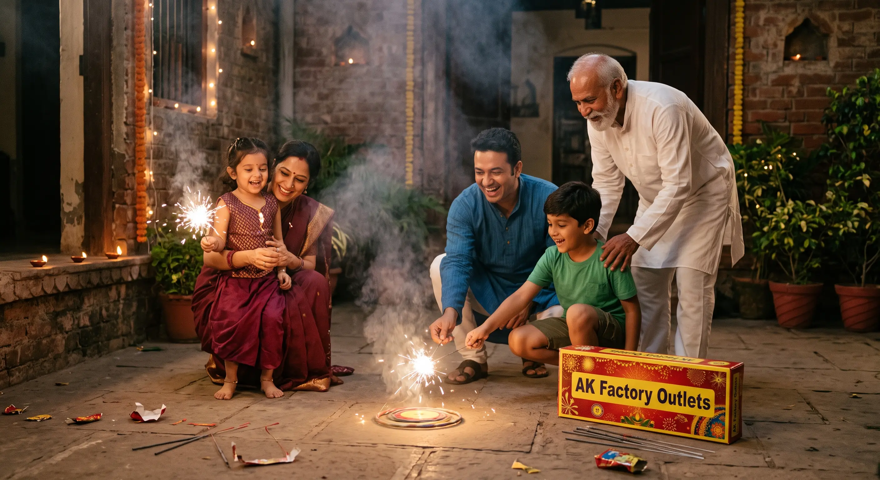 A family celebrating with AK Factory Outlet crackers